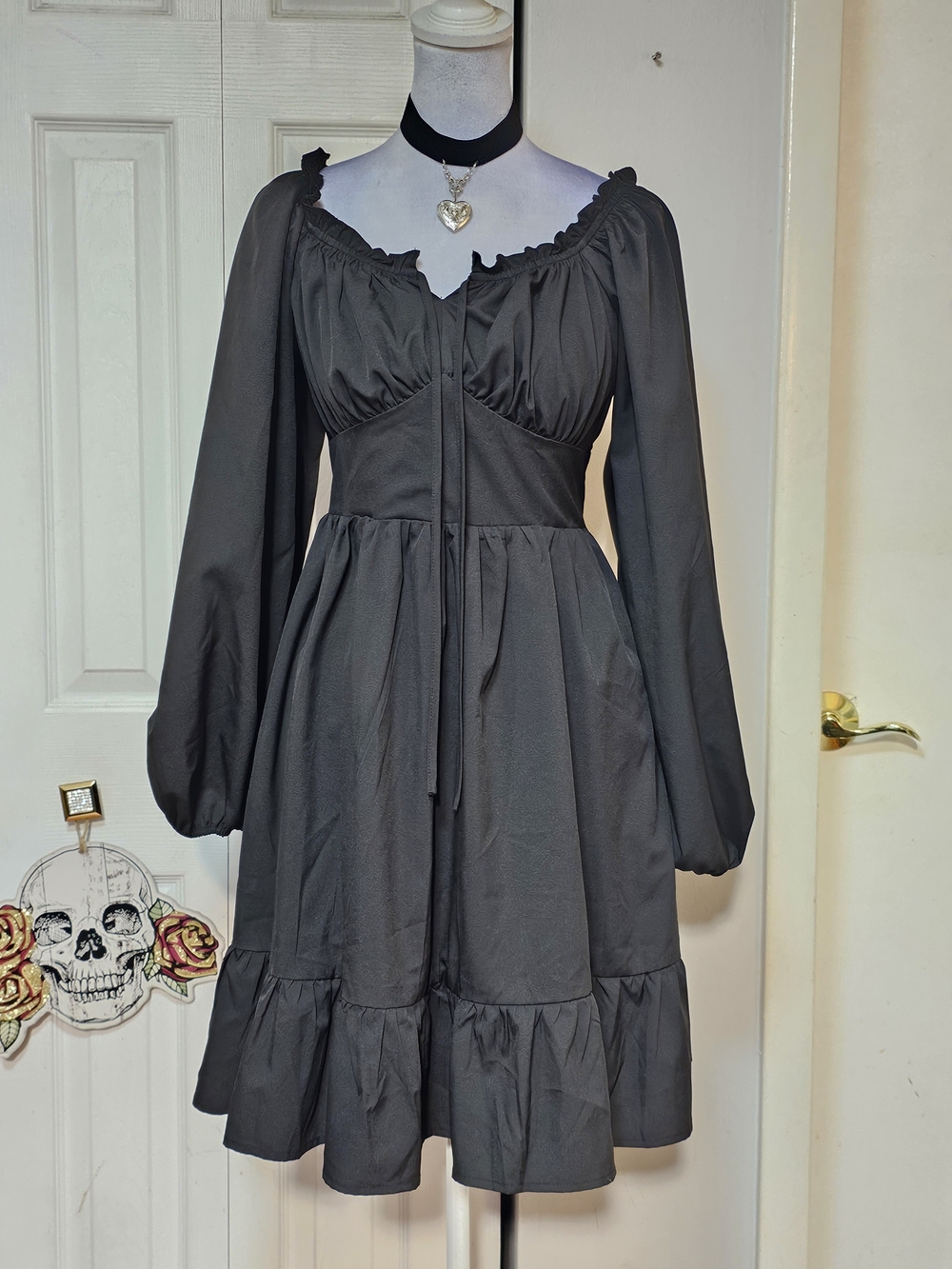 Women's Black Long-Sleeve Ruffle Hem Dress with Gathered Bodice